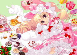 Rule 34 | 1girl, basket, blonde hair, rabbit, cake, cross-laced footwear, doughnut, drill hair, earrings, flower, food, fruit, gift, gloves, grapes, hair flower, hair ornament, handheld game console, jewelry, lolita fashion, looking at viewer, lying, on side, original, pancake, pink eyes, pink rose, playstation portable, ribbon, rose, shade, strawberry, strawberry blossoms, sweet lolita, sweets, tea, tea set, teapot, twin drills, twintails, unfinished, yoshiwo