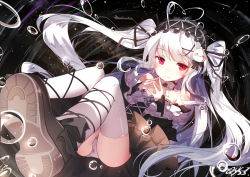 Rule 34 | 1girl, ahoge, artist name, bare shoulders, black dress, black ribbon, blush, bubble, closed mouth, dress, fingers together, floating hair, from below, hair ribbon, hands up, headdress, heart, heart ahoge, long hair, original, own hands together, panties, purple eyes, qys3, ribbon, sidelocks, signature, smile, solo, thighhighs, thighs, tokisaki mio (niliu chahui), tsurime, twintails, two side up, underwear, upskirt, very long hair, white hair, white panties, white thighhighs