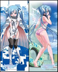 Rule 34 | 1girl, angel wings, ass, back, bare shoulders, barefoot, bikini, black thighhighs, blue eyes, blue hair, blush, boots, breasts, chain, cleavage, cloud, collar, dakimakura (medium), female focus, highres, innertube, kneepits, long hair, mountain, multiple views, nymph (sora no otoshimono), official art, open mouth, shirt tug, sky, small breasts, smile, sora no otoshimono, swim ring, swimsuit, thighhighs, towel, twintails, very long hair, wet, wings