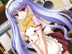 Rule 34 | 1girl, apron, blue hair, game cg, ginta, hat, indoors, kitchen, long hair, red eyes, skirt, solo, sugar + spice, twintails