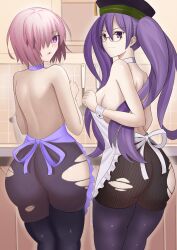 Rule 34 | 2girls, absurdres, ass, back, breasts, fate/grand order, fate (series), hair over one eye, highres, large breasts, longdq3008, looking at viewer, looking back, mash kyrielight, multiple girls, purple eyes, purple hair, short hair, sion eltnam sokaris, thighs, twintails