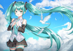 Rule 34 | 1girl, animal, aqua eyes, aqua hair, bare shoulders, bird, black skirt, black thighhighs, blue sky, breasts, cloud, cloudy sky, collared shirt, cowboy shot, day, detached sleeves, ekina (1217), feathers, floating hair, grey shirt, hair ornament, hatsune miku, index finger raised, long hair, long sleeves, looking at viewer, medium breasts, miniskirt, necktie, open mouth, outdoors, pleated skirt, shirt, skirt, sky, smile, solo, thighhighs, twintails, very long hair, vocaloid, wind, zettai ryouiki