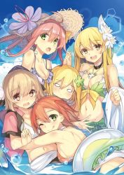 Rule 34 | 5girls, :d, :o, ;q, aloe (flower knight girl), alternate hairstyle, apricot (flower knight girl), bikini, blonde hair, bow, breasts, brown eyes, brown hair, choker, cleavage, dreamlight2000, flower, flower knight girl, green bow, green eyes, hair down, holding hands, hat, hat flower, hug, katabami (flower knight girl), long hair, looking at viewer, medium breasts, multiple girls, navel, o o, one eye closed, open mouth, partially submerged, pink hair, saffron (flower knight girl), short hair, smile, suiren (flower knight girl), sun hat, swimsuit, tongue, tongue out, water, yellow bow, yellow eyes