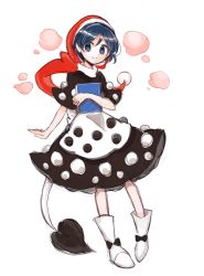Rule 34 | 1girl, apron, black bow, black dress, black sleeves, blue eyes, blue hair, book, boots, bow, closed mouth, doremy sweet, dress, hair between eyes, hand up, hat, highres, long hair, pom pom (clothes), red hat, short hair, short sleeves, simple background, smile, solo, standing, tail, tama (hiroshige 36), touhou, very long hair, white apron, white background, white footwear