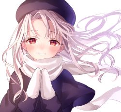 Rule 34 | 1girl, bad id, bad pixiv id, blue jacket, blush, commentary request, fate (series), fur hat, gloves, hat, highres, illyasviel von einzbern, jacket, long hair, looking at viewer, lq saku, papakha, purple hat, purple jacket, red eyes, scarf, smile, solo, white background, white gloves, white hair, white scarf