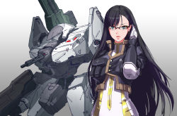 Rule 34 | 1girl, armored core, breasts, glasses, gloves, green eyes, grey gloves, gun, hair behind ear, hand in own hair, highres, holding, holding gun, holding weapon, inata wataru, long hair, mecha, medium breasts, parted lips, pilot suit, robot, rossweisse (armored core), science fiction, shoulder cannon, valkyrie (armored core), very long hair, weapon