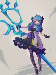 Rule 34 | 1girl, absurdres, ahoge, arainekozz, asymmetrical legwear, black gloves, blue hair, bow, checkered clothes, checkered legwear, closed mouth, dress, drill hair, frilled dress, frills, gloves, green eyes, gwen (league of legends), hair bow, heterochromia, highres, holding, holding scissors, holding weapon, league of legends, long hair, mismatched legwear, oversized object, purple bow, purple eyes, scissors, smile, solo, stitches, striped clothes, striped legwear, striped thighhighs, thighhighs, twintails, vertical-striped clothes, vertical-striped thighhighs, weapon, white bow, white dress, white footwear
