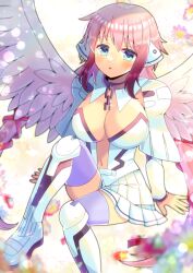 Rule 34 | 1girl, :o, blue eyes, blush, boots, breasts, broken, broken chain, chain, commentary request, commission, dress, feathered wings, hair between eyes, ikaros, knee boots, knee up, kou hiyoyo, large breasts, looking at viewer, navel, parted lips, pink hair, purple thighhighs, robot ears, sitting, skeb commission, solo, sora no otoshimono, thighhighs, thighhighs under boots, white dress, white footwear, white wings, wings