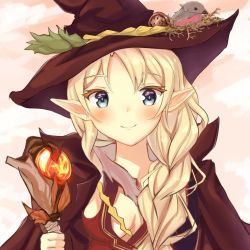 Rule 34 | 1girl, animal, bad id, bad pixiv id, bird, bird nest, blonde hair, blue eyes, blush, braid, breasts, brown cape, brown hat, cape, closed mouth, commentary, dress, elf, hair over shoulder, hat, highres, holding, holding staff, long hair, looking at viewer, medium breasts, mony, original, pointy ears, red dress, side braid, smile, solo, staff, witch hat