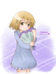 Rule 34 | 1girl, blush, bouquet, brown eyes, brown hair, character name, closed mouth, cup, dot nose, dress, flower, hair ornament, hidamari sketch, holding, holding bouquet, looking at viewer, medium hair, solo, standing, x hair ornament, yuno (hidamari sketch), yunyan s