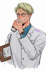 Rule 34 | 1boy, blonde hair, blue shirt, brown eyes, chair, clipboard, coffee, collared shirt, commentary, cup, disposable cup, english commentary, glasses, holding, holding clipboard, holding cup, jujutsu kaisen, lab coat, long sleeves, male focus, nanami kento, necktie, nume x, paper, shirt, short hair, solo, upper body, watch, wristwatch, yellow necktie