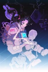 Rule 34 | 1girl, animal ears, astronaut, black background, black hair, blue eyes, blue light, blurry, blurry background, crying, crying with eyes open, digital dissolve, fake animal ears, floating, floating hair, gradient background, hand on another&#039;s face, helmet, highres, long hair, looking at another, mechanical ears, nijisanji, official alternate costume, open mouth, pixels, rabbit ears, reiboubyou, screen, skeleton, smile, solo focus, space, space helmet, spacesuit, star (symbol), tears, tsukino mito, tsukino mito (16th costume), twintails, unworn headwear, unworn helmet, virtual youtuber, washing machine, white background