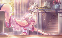 Rule 34 | 1girl, arched back, artoria pendragon (all), artoria pendragon (fate), ass, bare shoulders, breasts, cellphone, clothes pull, controller, denim, diffraction spikes, fate/kaleid liner prisma illya, fate (series), female focus, flower, flying sweatdrops, glint, hanging breasts, highres, hourai no hangentsuki, indoors, irisviel von einzbern, jeans, large breasts, leysritt (fate), messy hair, navel, no bra, open mouth, panties, pants, pants pull, phone, poster (object), reaching, red eyes, remote control, saber (fate), side-tie panties, slippers, solo, sparkle, stairs, stomach, sweatdrop, top-down bottom-up, underwear, white hair, white panties