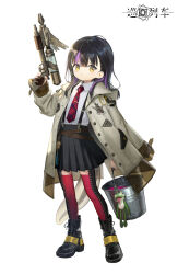Rule 34 | 1girl, :t, affinity line, black footwear, black hair, black skirt, boots, brown coat, bucket, closed mouth, coat, coat on shoulders, collared shirt, dress shirt, eleanor (affinity line), full body, gun, hair over shoulder, highres, holding, holding bucket, holding gun, holding weapon, hood, hood down, hooded coat, long hair, long sleeves, miniskirt, multicolored hair, necktie, official art, open clothes, open coat, plaid necktie, pleated skirt, purple hair, red necktie, red thighhighs, shirt, sho (sho lwlw), simple background, skirt, solo, standing, streaked hair, stuffed animal, stuffed frog, stuffed toy, suspender skirt, suspenders, tachi-e, thighhighs, tie clip, weapon, white background, white shirt, yellow eyes