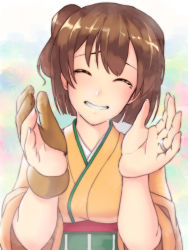 Rule 34 | 10s, 1girl, bad id, bad nicoseiga id, blush, brown eyes, brown hair, closed eyes, gloves, happy tears, hiryuu (kancolle), isami!, japanese clothes, jewelry, kantai collection, partially fingerless gloves, partly fingerless gloves, personification, ribbon, ring, short hair, side ponytail, single glove, smile, tears, wedding band, wedding ring, yugake