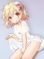 Rule 34 | 1girl, alternate costume, bare arms, bare legs, blonde hair, bow, collarbone, dress, hair ribbon, looking at viewer, natsu no koucha, purple background, red bow, red ribbon, ribbon, rumia, see-through, short hair, sitting, sketch, skirt hold, solo, touhou, white dress