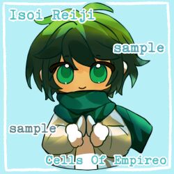 Rule 34 | 1boy, blue background, character name, chinese commentary, closed mouth, commentary request, copyright name, fur-trimmed sleeves, fur trim, gloves, green eyes, green hair, green scarf, grey gloves, grey jacket, highres, isoi reiji (rei-kun), jacket, looking at viewer, male focus, no nose, open clothes, open jacket, own hands together, saibou shinkyoku, sample watermark, scarf, shirt, short hair, smile, solo, upper body, watermark, white shirt, wu yuan