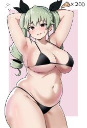 Rule 34 | 1girl, alternate breast size, amogan, anchovy (girls und panzer), armpits, arms behind head, arms up, bikini, black bikini, blush, border, breasts, brown eyes, cleavage, closed mouth, commentary, commission, cowboy shot, drill hair, flying sweatdrops, food, girls und panzer, green hair, highres, huge breasts, large breasts, long hair, looking at viewer, navel, pixiv commission, pizza, pizza slice, plump, skindentation, smile, solo, standing, string bikini, sweatdrop, swimsuit, twin drills, white border