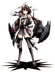 Rule 34 | 10s, 1girl, ahoge, bare shoulders, black eyes, brown hair, detached sleeves, double bun, full body, hair ornament, hairband, headgear, japanese clothes, kantai collection, kongou (kancolle), long hair, makishima rin, personification, skirt, smile, solo, thighhighs, transparent background, wink