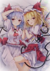 Rule 34 | 2girls, arm on own head, bat wings, blonde hair, blue hair, breasts, brooch, commentary request, feet out of frame, fingernails, flandre scarlet, hair between eyes, hat, hat ribbon, holding hands, jewelry, laevatein, looking at viewer, lying, madotsukumo, mob cap, multiple girls, nail polish, on back, on bed, on side, one side up, open clothes, open vest, parted lips, pink headwear, pink shirt, pink skirt, puffy short sleeves, puffy sleeves, red eyes, red nails, red neckwear, red skirt, red vest, remilia scarlet, ribbon, shadow, shirt, short hair, short sleeves, siblings, sisters, skirt, small breasts, smile, touhou, vest, white headwear, white shirt, wings, wrist cuffs