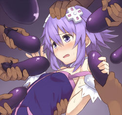 Rule 34 | 10s, 1girl, blush, breasts, chiwino, d-pad, dark-skinned male, dark skin, dress, eggplant, flat chest, food, gradient background, hair ornament, hand on another&#039;s head, multiple boys, neptune (neptunia), neptune (series), open mouth, petite, purple background, purple eyes, purple hair, saliva, sexually suggestive, short hair, sidelocks, small breasts, solo focus, strap slip, sweat, tears, vegetable