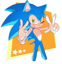 Rule 34 | 1boy, ameusute1002, animal ears, animal nose, blue fur, border, fang, furry, furry male, gloves, green eyes, hands up, hedgehog, hedgehog ears, hedgehog tail, looking at viewer, male focus, orange background, outside border, simple background, smile, solo, sonic (series), sonic the hedgehog, standing, star (symbol), tail, teeth, v, white border, white gloves, yellow background