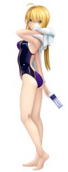 Rule 34 | 1girl, absurdres, ahoge, artoria pendragon (all), artoria pendragon (fate), ass, barefoot, blonde hair, bottle, breasts, competition swimsuit, fate/zero, fate (series), full body, green eyes, highres, long hair, long image, medium breasts, official alternate costume, one-piece swimsuit, saber (fate), saber (summer battle clothes) (fate), simple background, solo, swimsuit, taka (takahirokun), tall image, towel, white background