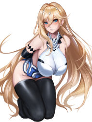 Rule 34 | 1girl, armband, bad id, bad pixiv id, bianka durandal ataegina, bianka durandal ataegina (bright knight: excelsis), blonde hair, blue eyes, blush, breasts, character request, cleavage, clenched teeth, hair ornament, hanging breasts, highres, honkai (series), honkai impact 3rd, kibellin, leaning forward, long hair, simple background, solo, teeth, thighhighs, white background