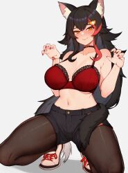 Rule 34 | 1girl, animal ear fluff, animal ears, black choker, black hair, black pantyhose, black shorts, bra, breasts, choker, claw pose, closed mouth, hair ornament, hairclip, highres, hololive, large breasts, long hair, looking at viewer, multicolored hair, ookami mio, pantyhose, red bra, red hair, red nails, shoes, short shorts, shorts, simple background, smile, solo, squatting, streaked hair, tail, underwear, varniskarnis, very long hair, virtual youtuber, white background, white footwear, wolf ears, wolf tail