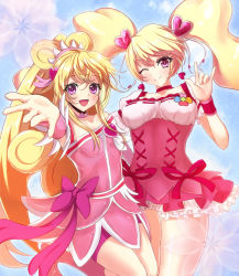 Rule 34 | 00s, 2girls, :d, \m/, aida mana, avy417, bad id, bad pixiv id, bike shorts, blonde hair, blue background, bow, brooch, choker, color connection, corset, cure heart, cure peach, curly hair, dokidoki! precure, eyelashes, fresh precure!, frills, hair ornament, hairpin, half updo, heart, heart brooch, heart hair ornament, long hair, magical girl, miniskirt, momozono love, multiple girls, one eye closed, open mouth, outstretched hand, pink eyes, ponytail, precure, ribbon, shorts, shorts under skirt, skirt, smile, twintails, wink, wrist cuffs