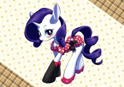 Rule 34 | 1girl, asymmetrical hair, black sleeves, blue eyes, blue eyeshadow, blush, bow, closed mouth, clothing cutout, colored skin, curly hair, cutie mark, detached sleeves, dress, eyeshadow, female focus, from side, full body, happy, high heels, highres, horns, jaggy lines, long hair, looking at viewer, makeup, my little pony, plaid, plaid dress, polka dot, polka dot background, purple hair, rarity (my little pony), red bow, red dress, red footwear, ribbon-trimmed sleeves, ribbon trim, shoes, short dress, short sleeves, simple background, single horn, smile, solo, standing, tail, tail through clothes, unicorn, uno usaya, white skin, yellow background