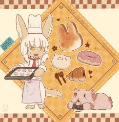 Rule 34 | 1girl, 1other, animal ears, bad id, bad pixiv id, baking sheet, blush, character name, chef, chef hat, doughnut, food, fork, furry, hat, kawasemi27, looking at another, made in abyss, medium hair, mitty (made in abyss), nanachi (made in abyss), parted lips, smile, spoon, standing, tail, white hair, white hat, yellow eyes