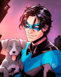 Rule 34 | 1boy, animal, batman (series), black bodysuit, black hair, blue bodysuit, blue mask, bodysuit, cityscape, dc comics, dog, domino mask, holding, holding animal, holding dog, initial, kath lobo, light smile, looking at viewer, male focus, mask, nightwing, outdoors, short hair, solo, sunset, tongue, tongue out, two-tone bodysuit, upper body