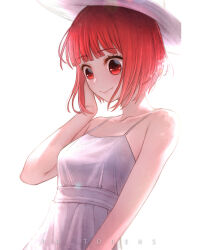 Rule 34 | 1girl, absurdres, adjusting hair, arima kana, artist name, bare arms, bare shoulders, blunt bangs, bob cut, breasts, closed mouth, collarbone, dress, hat, highres, inverted bob, light blush, looking afar, looking ahead, looking down, loose hair strand, oshi no ko, ra torens, red eyes, red hair, romaji commentary, short hair, simple background, sleeveless, sleeveless dress, small breasts, smile, solo, spaghetti strap, standing, sun hat, sundress, upper body, white background, white dress, white hat