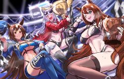 Rule 34 | 3girls, absurdres, animal ears, atago (azur lane), atago (azur lane) (cosplay), atago (stunning speedster) (azur lane), azur lane, baltimore (azur lane), baltimore (azur lane) (cosplay), baltimore (finish line flagbearer) (azur lane), bikini, black bikini, black thighhighs, blue bikini, blue eyes, blue hat, blue jacket, blue thighhighs, bow, breasts, brown hair, cleavage, clenched teeth, commentary request, confetti, cosplay, cropped jacket, ear bow, ear ornament, fingerless gloves, gloves, gold ship (umamusume), hair between eyes, hat, highres, holding, holding clothes, holding hat, holding trophy, horse ears, horse girl, horse tail, jacket, large breasts, maruzensky (umamusume), multicolored hair, multiple girls, navel, one eye closed, open clothes, open jacket, open mouth, race queen, red eyes, red jacket, red thighhighs, same kujira (challenger 310), single glove, sirius symboli (umamusume), sketch, smile, sparkle, streaked hair, sunglasses, swimsuit, tail, teeth, thigh strap, thighhighs, trophy, umamusume, underboob, upper teeth only, v-shaped eyebrows, white hair, wrist cuffs