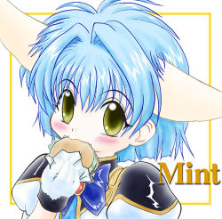 Rule 34 | 00s, 1girl, animal ears, blue hair, blush, character name, eating, food, galaxy angel, gloves, green eyes, lowres, mint blancmanche, puffy sleeves, short hair, solo, tagme, yellow eyes