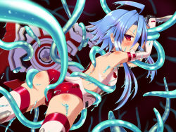 Rule 34 | 1girl, ass, axe, between buttocks, blanc (neptunia), blue hair, blush, clenched teeth, kerneed, long hair, looking at viewer, monster, neptune (series), power symbol, power symbol-shaped pupils, red eyes, restrained, short hair with long locks, sidelocks, solo, symbol-shaped pupils, teeth, tentacles, torn clothes, weapon, white heart (neptunia)