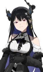 Rule 34 | 1girl, asymmetrical horns, bare shoulders, black bow, black bowtie, black gloves, black hair, blue hair, bow, bowtie, closed mouth, clothing cutout, collared shirt, colored inner hair, commentary, dress shirt, english commentary, gloves, hair ornament, highres, hololive, hololive english, horn flower, horns, kongarisalmon, long hair, long sleeves, looking at viewer, mole, mole under eye, multicolored hair, nerissa ravencroft, nerissa ravencroft (1st costume), red eyes, ribbed shirt, shirt, shoulder cutout, sidelocks, simple background, solo, straight hair, tassel, tassel hair ornament, uneven horns, upper body, very long hair, virtual youtuber, white background, white shirt