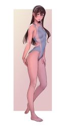Rule 34 | 1girl, alternate costume, bare arms, bare legs, bare shoulders, barefoot, black hair, blush, braid, breasts, collarbone, commentary request, competition swimsuit, full body, glasses, green eyes, highleg, highleg swimsuit, highres, kantai collection, long hair, looking at viewer, multicolored clothes, multicolored swimsuit, one-piece swimsuit, ooyodo (kancolle), parted lips, semi-rimless eyewear, simple background, small breasts, solo, standing, swimsuit, two-tone background, two-tone swimsuit, under-rim eyewear, yuuji (and)