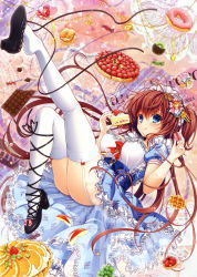 Rule 34 | 1girl, :p, :q, absurdres, animal ears, apple, asami asami, ass, blue eyes, blush, breasts, brown hair, cake, cake slice, candy, candy wrapper, cat ears, chocolate, chocolate bar, cream puff, cross-laced footwear, cupcake, doughnut, dress, falling, food, fork, frills, fruit, full body, gloves, grapes, hair ornament, headdress, highres, lace-up heels, large breasts, long hair, looking at viewer, macaron, orange (fruit), original, shoe dangle, solo, spoon, strawberry, strawberry shortcake, sweets, thighhighs, tongue, tongue out, two side up, very long hair