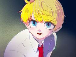 Rule 34 | 1boy, animification, bad id, bad pixiv id, bishoujo senshi sailor moon, bishoujo senshi sailor moon s, blonde hair, blue eyes, crying, freckles, male focus, meme, open mouth, personification, red neckwear, sailor moon redraw challenge (meme), shirt, simple background, spongebob squarepants, spongebob squarepants (series), spsb001 (spongebob), upper body, white shirt