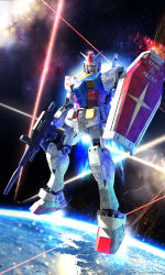 Rule 34 | 3d, battle, beam rifle, character name, commentary, earth (planet), earth federation, energy beam, energy gun, english commentary, english text, explosion, glowing, glowing eyes, gundam, highres, mecha, michaellee4, mobile suit, mobile suit gundam, nebula, no humans, planet, realistic, robot, roundel, rx-78-2, science fiction, shield, star (symbol), starry background, weapon, zero gravity