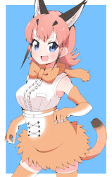 Rule 34 | 1girl, :d, animal ear fluff, animal ears, bad id, bad pixiv id, blue background, blue eyes, border, bow, bowtie, caracal (kemono friends), center frills, commentary, cowboy shot, elbow gloves, extra ears, frills, gloves, high-waist skirt, highres, kemono friends, long hair, looking at viewer, open mouth, orange bow, orange bowtie, pink hair, shirt, simple background, skirt, sleeveless, sleeveless shirt, smile, solo, tail, takom, thighhighs, traditional bowtie, user cpfg3235, white border, white shirt
