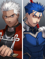 Rule 34 | 2boys, angry, archer (fate), armor, blue hair, cu chulainn (fate), cu chulainn (fate/stay night), earrings, fate/stay night, fate (series), gae bolg (fate), gradient background, grey background, grey eyes, hair tubes, ichimatsuinfo, jewelry, kanshou &amp; bakuya (fate), looking at viewer, low ponytail, male focus, multiple boys, ponytail, red eyes, white hair