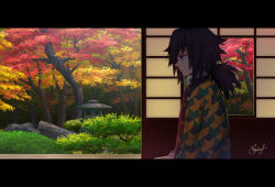 Rule 34 | 1boy, autumn leaves, bad id, bad pixiv id, belt, blue eyes, brown hair, buttons, closed mouth, commentary request, from side, haori, japanese clothes, kimetsu no yaiba, letterboxed, long hair, long sleeves, low ponytail, male focus, profile, rupinesu, signature, sliding doors, solo, stone lantern, tomioka giyuu, tree, uniform