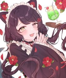 Rule 34 | 1girl, animal ears, black kimono, blush, brown hair, cat ears, collar, commentary, drink, drinking straw, eyelashes, fang, flower, frilled kimono, frills, glass, hair between eyes, hair flower, hair ornament, heterochromia, highres, inui toko, japanese clothes, kimono, long hair, looking at viewer, maid, maid headdress, nijisanji, open mouth, own hands together, red eyes, red flower, shain, simple background, smile, solo, table, twintails, upper body, virtual youtuber, wa maid, white background, yellow eyes