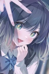 Rule 34 | 1girl, absurdres, black vest, blue bow, blue bowtie, blue eyes, blue hair, blurry, blurry background, blush, bow, bowtie, buttons, collared shirt, commentary, fingernails, green eyes, hair between eyes, hands up, highres, kurokawa akane, long fingernails, long sleeves, looking at viewer, multicolored eyes, nail polish, open mouth, oshi no ko, pola (1021), puffy long sleeves, puffy sleeves, purple nails, shirt, short hair, smile, solo, star-shaped pupils, star (symbol), symbol-shaped pupils, teeth, tongue, upper body, v, vest, white shirt