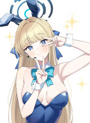 Rule 34 | 1girl, absurdres, animal ears, aqua bow, aqua bowtie, armpits, bare shoulders, blonde hair, blue archive, blue eyes, blue halo, blue leotard, blush, bow, bowtie, breasts, cleavage, detached collar, earpiece, fake animal ears, halo, highres, leotard, long hair, medium breasts, official alternate costume, playboy bunny, solo, sparkle, strapless, strapless leotard, toki (blue archive), toki (bunny) (blue archive), v, white wrist cuffs, wrist cuffs, xiaoxiao de kuangsan