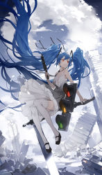 Rule 34 | 1girl, arm support, bare shoulders, black footwear, black necktie, black ribbon, blue hair, building, closed mouth, cloud, commentary, dress, finger on trigger, floating hair, full body, garter straps, girls&#039; frontline, grey dress, gun, highres, holding, holding gun, holding weapon, lamppost, long hair, looking away, looking to the side, mary janes, necktie, nine (liuyuhao1992), no bra, ribbon, scenery, shipka (girls&#039; frontline), shoes, sidelocks, sitting, sleeveless, sleeveless dress, solo, striped clothes, striped thighhighs, thighhighs, thighs, traffic light, twintails, very long hair, weapon, white thighhighs, wind, wind lift