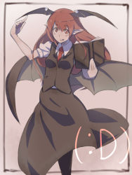 Rule 34 | 1girl, :d, ascii art, bad id, bad pixiv id, bat wings, book, embodiment of scarlet devil, female focus, head wings, highres, koakuma, long hair, necktie, open mouth, pantyhose, pisoshi, pointy ears, red eyes, red hair, red necktie, smile, solo, touhou, wings